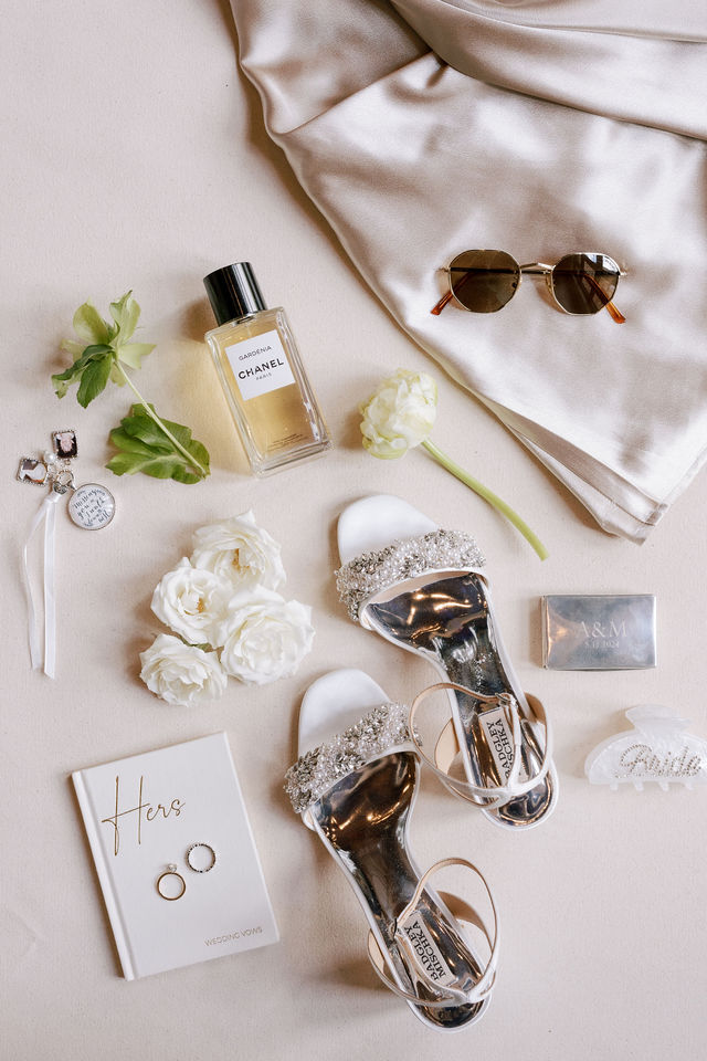 Bridal details in a flat lay at Aldie mansion.