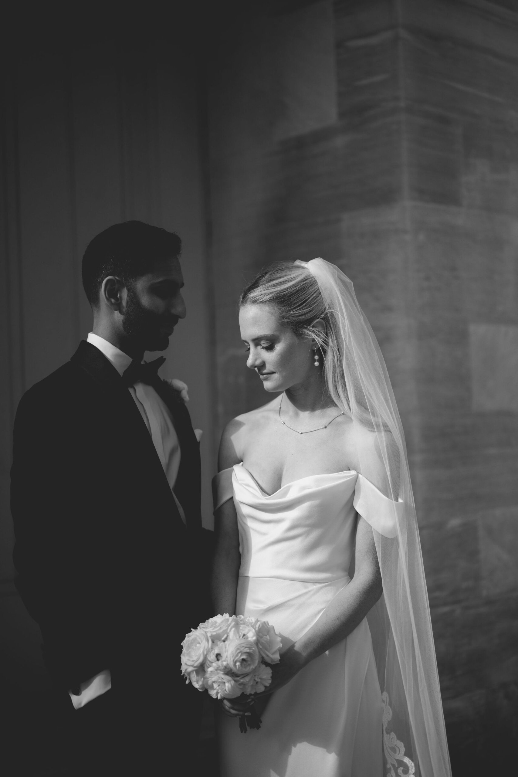 Bride and groom portrait at the merchant building in Philadelphia, PA