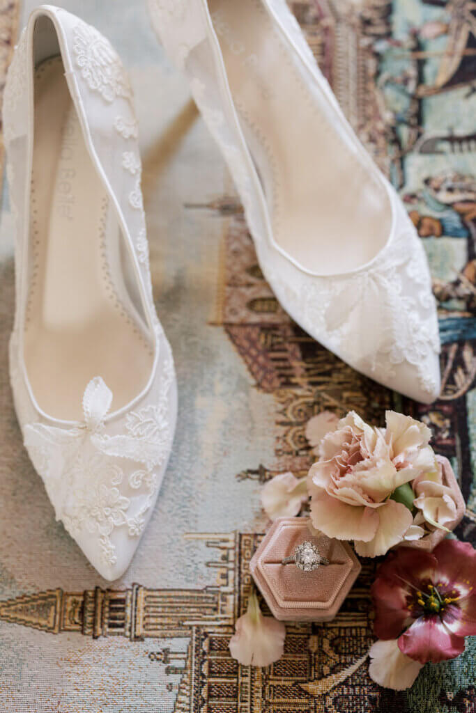 A still life of Bridal shoes at an Italy Destination Wedding in Venice. By Bella Belle.