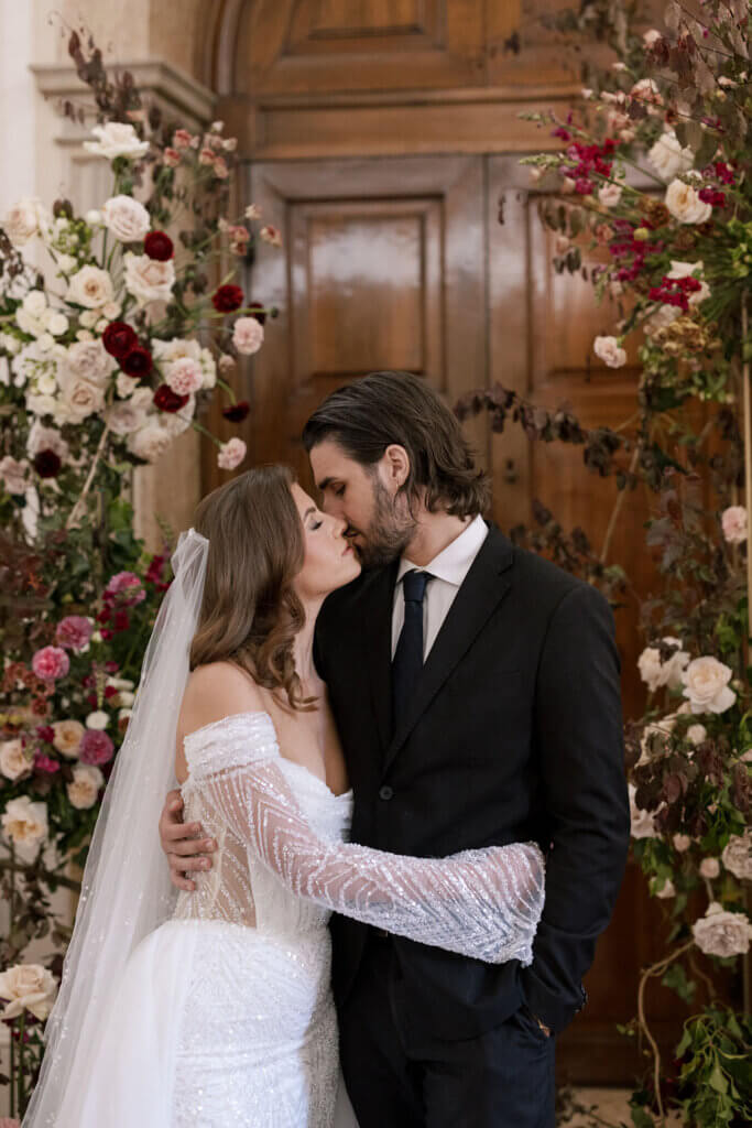 A Bride and Groom share their first kiss at an Italy Destination Wedding at the Hotel Monaco & Grand Canal in Venice.