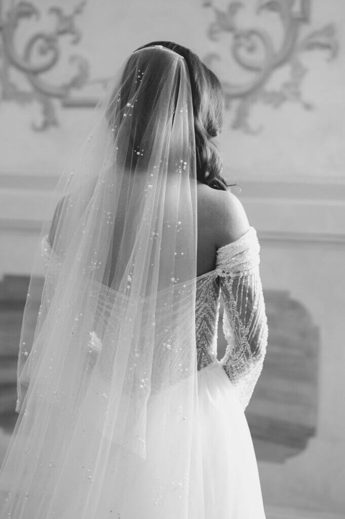 A portrait of the Bride in black and white at an Italy Destination Wedding at the Hotel Monaco & Grand Canal in Venice.