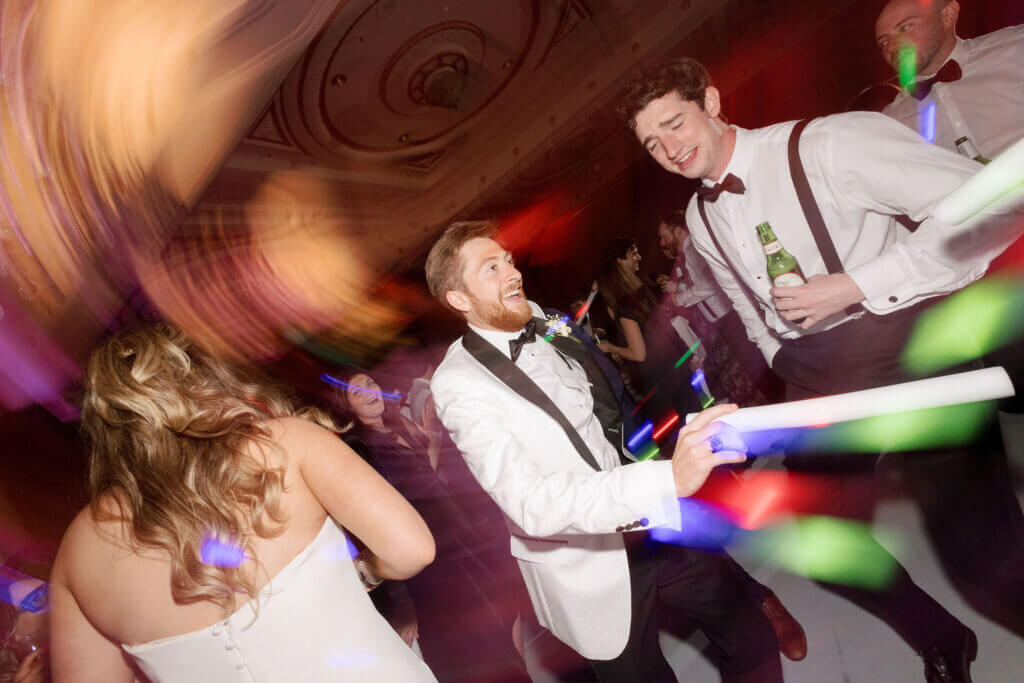 The bride and groom and their guests dance the night away at the Crystal Tea Room by Finley Catering.