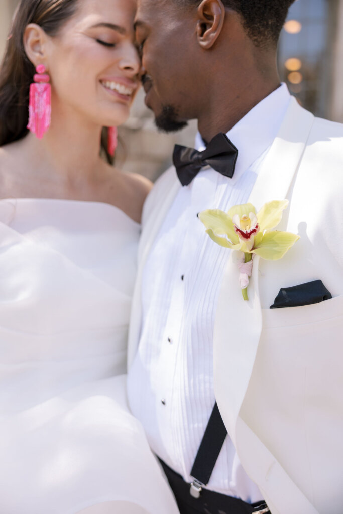 The bride and groom outside for a portrait at Elkins Estate.