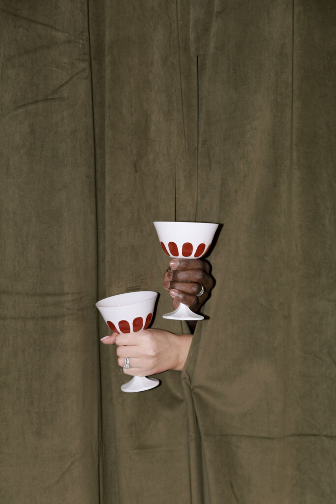 Two opaque wine glasses at Elkins Estate wedding reception.