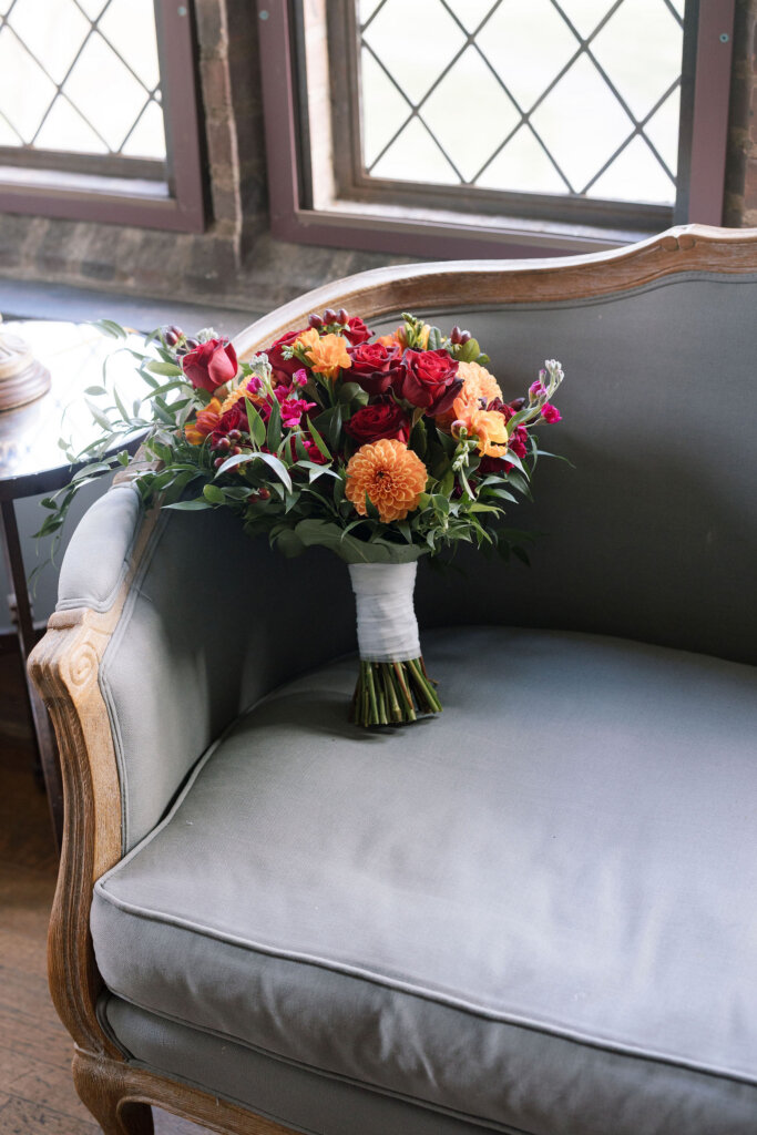 The bouquet on a couch at Aldie Mansion.
