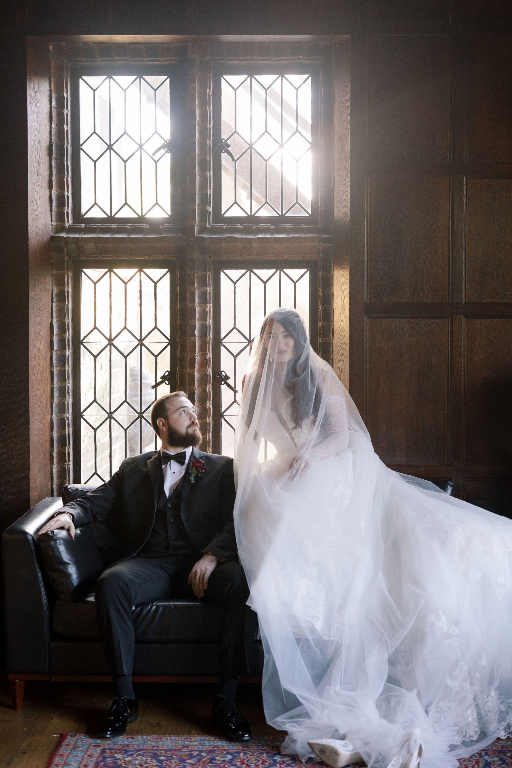 The bride and groom do an editorial first look at Aldie Mansion.