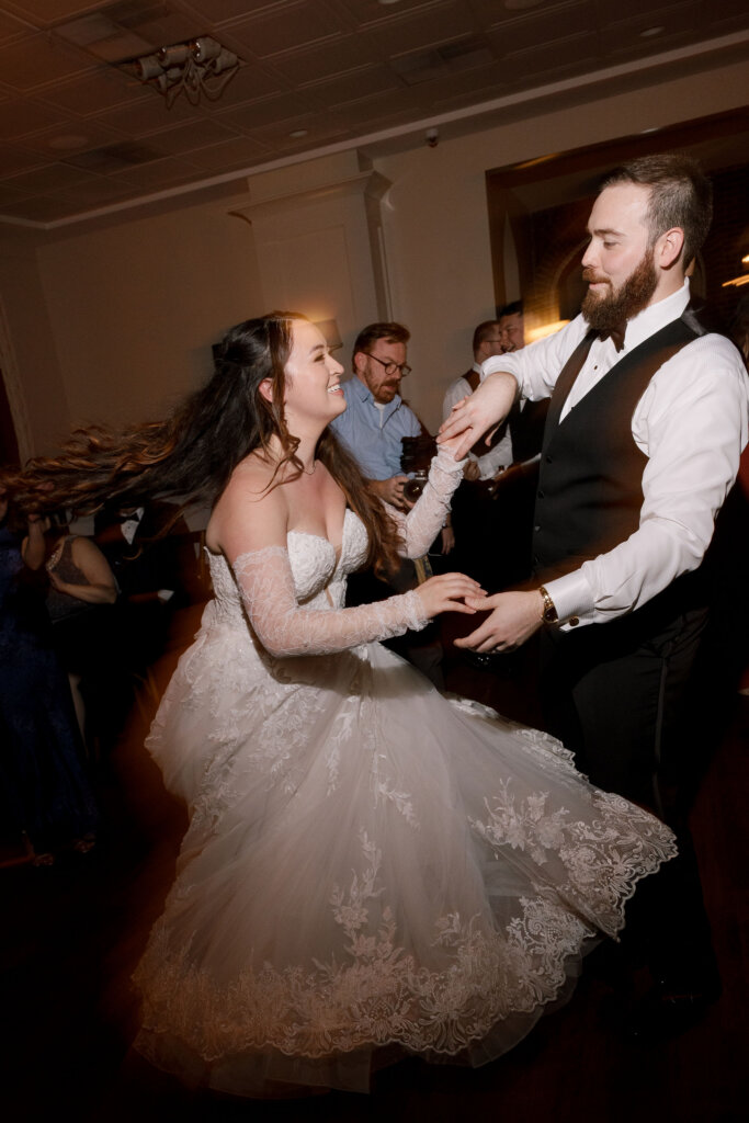 The bride and groom dance at the reception at Aldie Mansion.